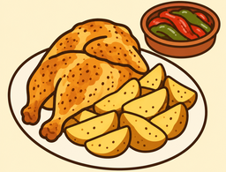 Dibujo: Medio pollo con patatas y pimientos