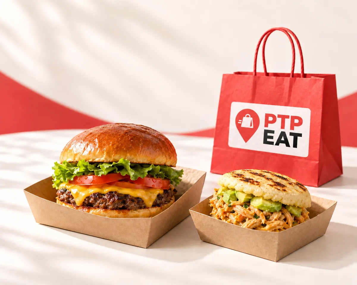 Hamburguesa y arepa junto a la bolsa de PTP Eat